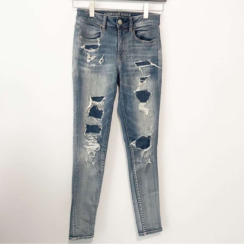 American Eagle high rise jegging jeans dark blue ripped denim super stretch 4